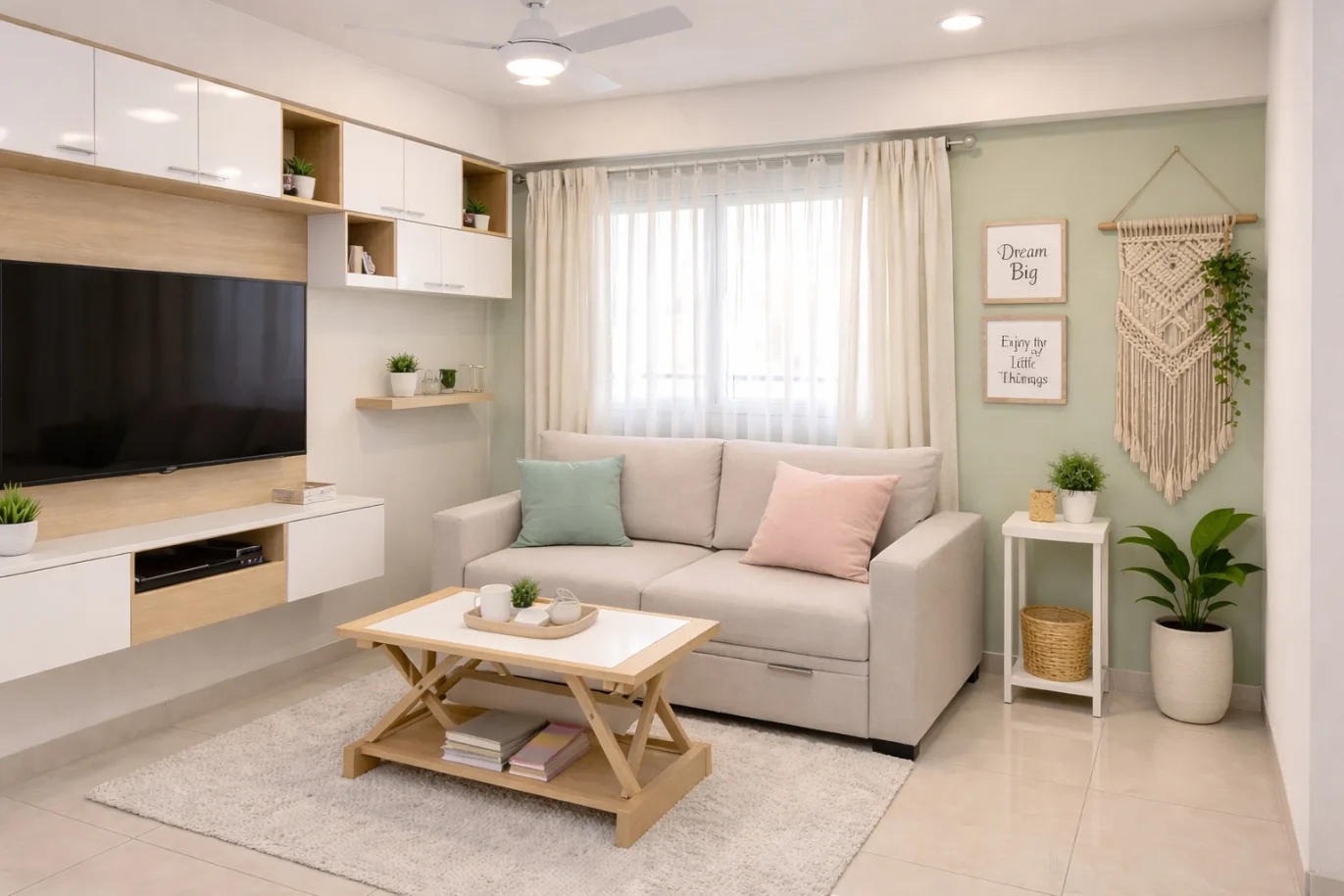 Space Saving Pastel Living Room