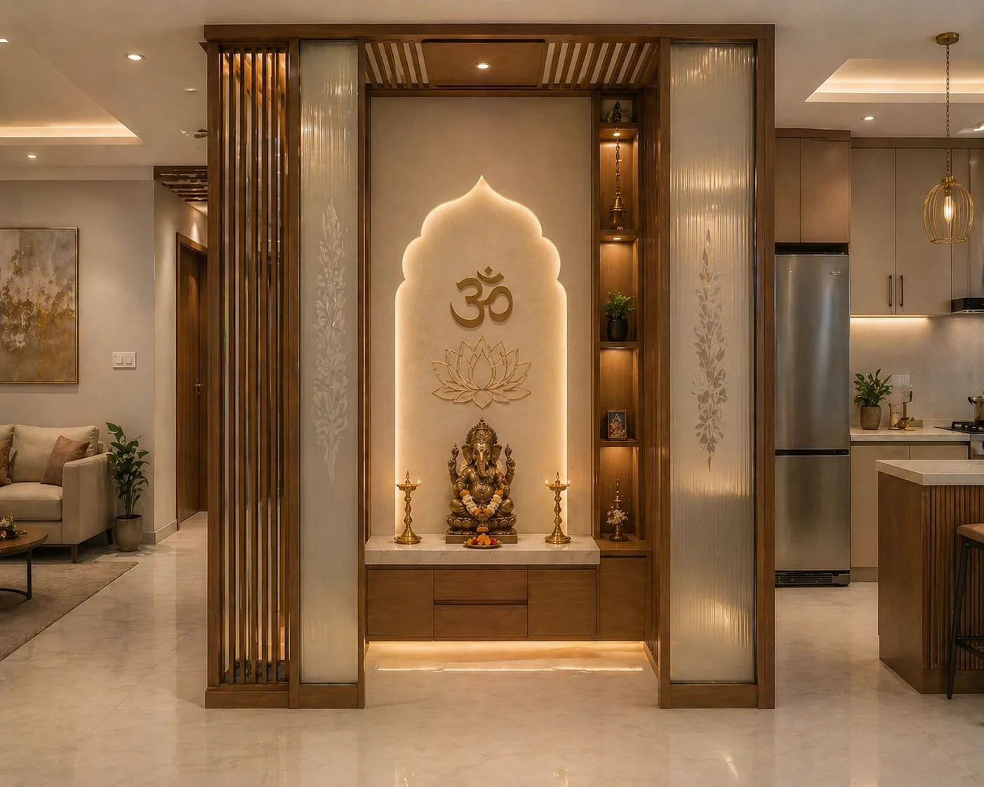 Teak Wood Partitioned Pooja Room