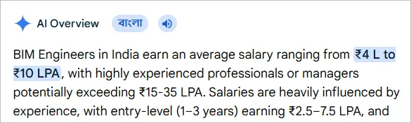 According to Google search, a BIM engineer earns approximately ₹4-10LPA in India: