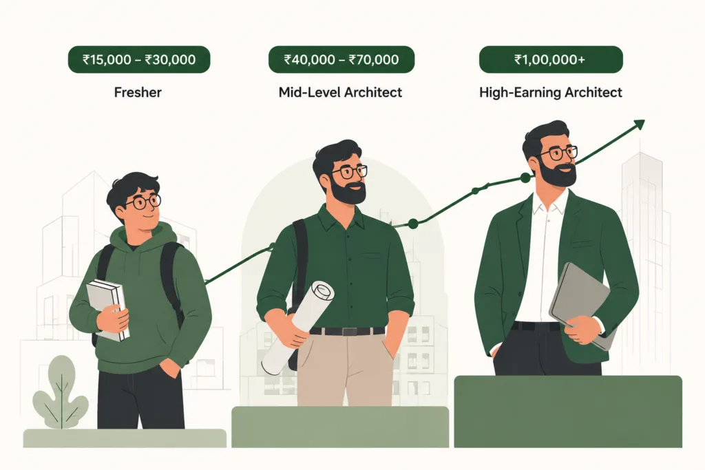 Architect career growth roadmap showing the skills needed to reach ₹1 lakh+ salary opportunities.