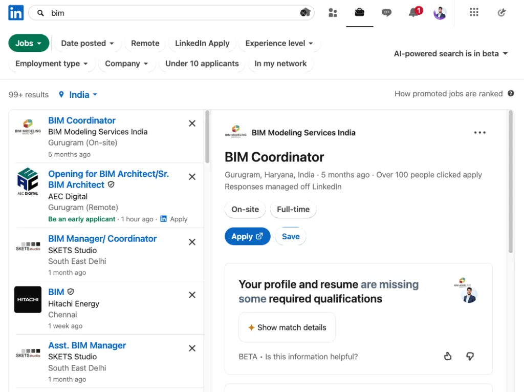 LinkedIn alone shows more than 2,000 BIM-related job openings in India