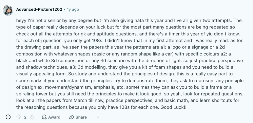 An experienced NATA aspirant on Reddit recently shared that many drawing questions follow similar patterns.