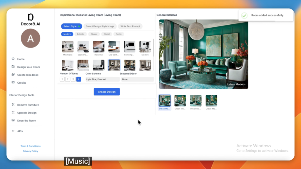 Decor8 AI Interface: AI room redesign with 56 plus design styles
