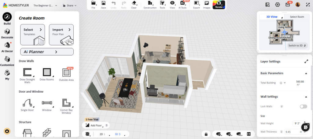 Feature of Homestyler: Convert 2D floor plans into editable 3D models