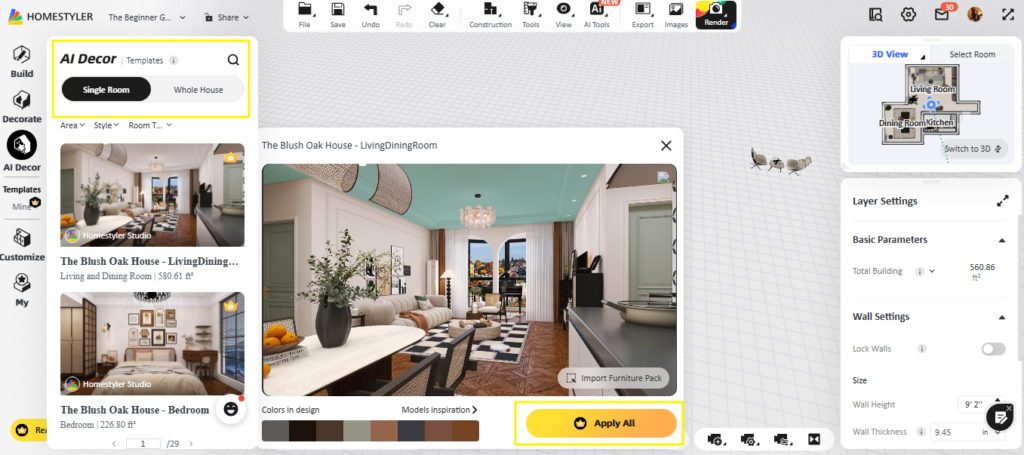 Feature of Homestyler: Redesign rooms instantly with AI Decor