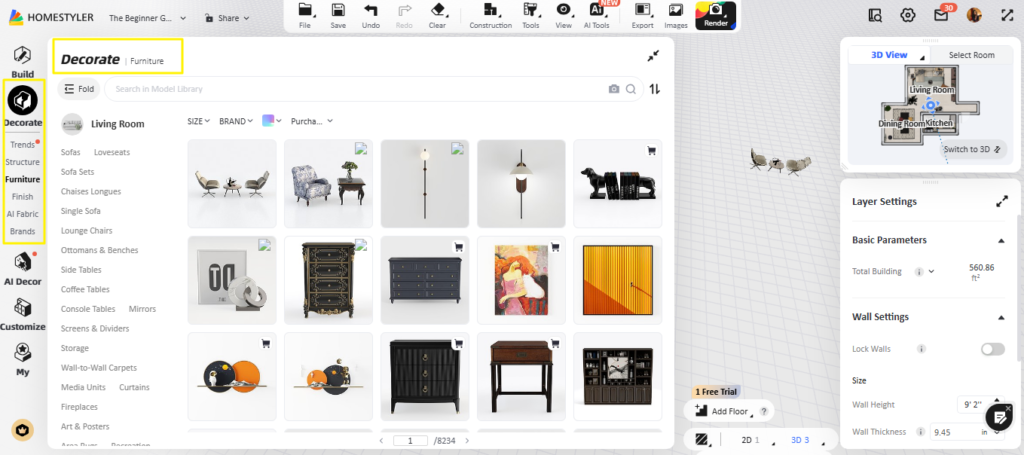 Feature of Homestyler: Access a library of over 10 million furniture models and materials
