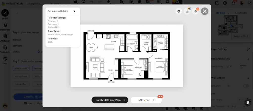 Feature of Homestyler: Generate complete room layouts using AI