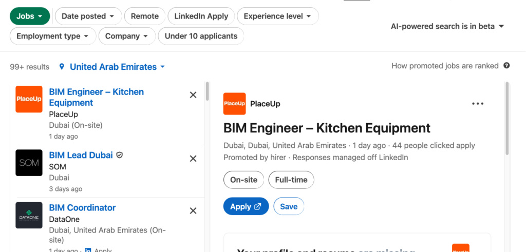 LinkedIn Jobs showing newly posted BIM openings in Dubai